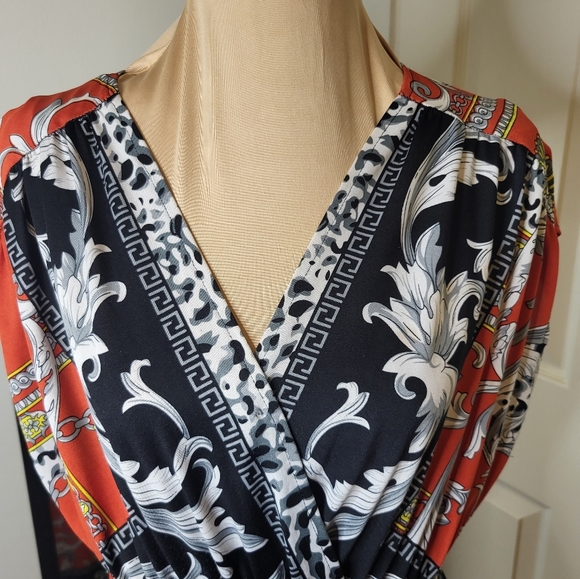 Dots - Redish Orange Black Yellow and White Designer Patterned Dress, S… - Picture 2 of 10